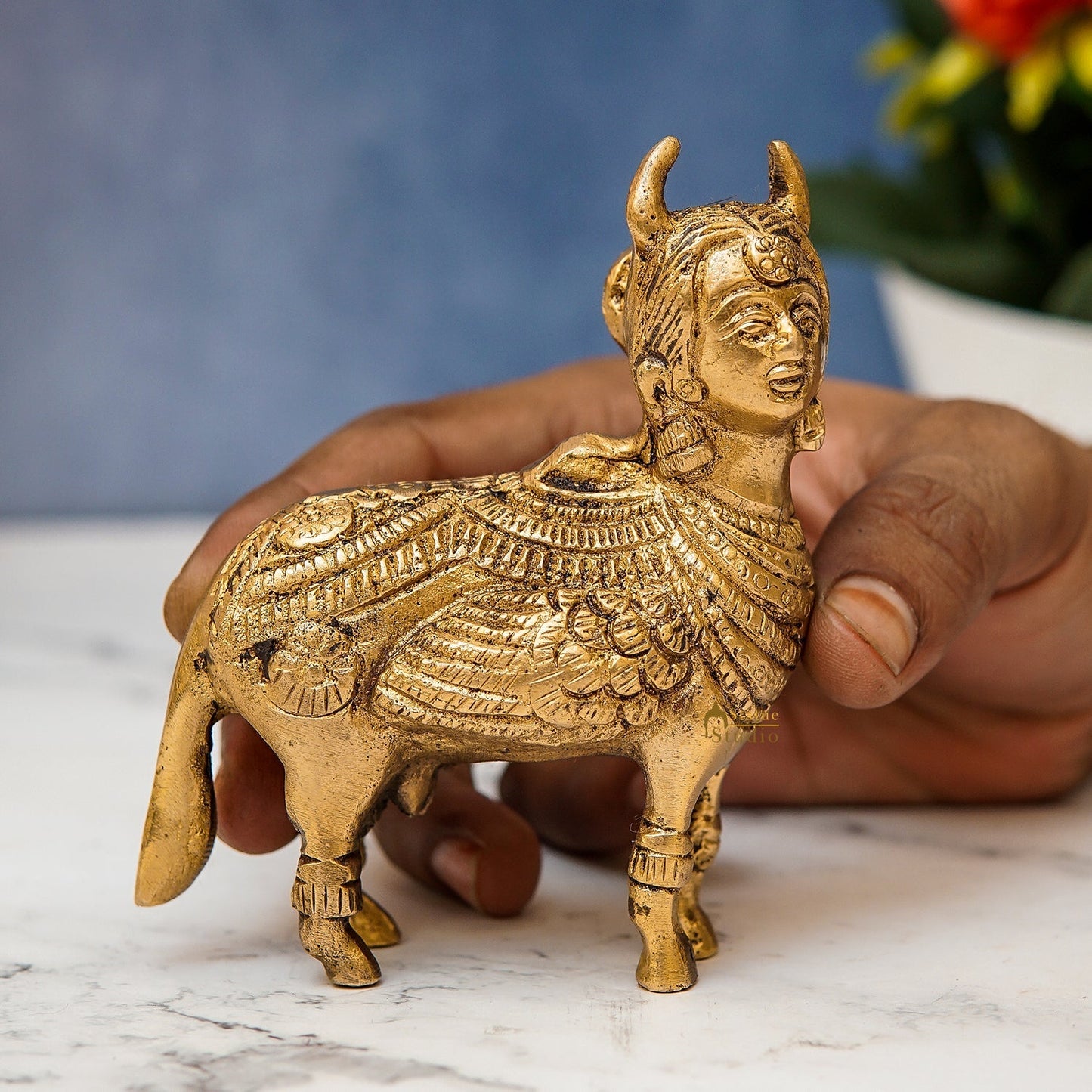 Brass Kamdhenu Cow With Goddess Face 4 Inch