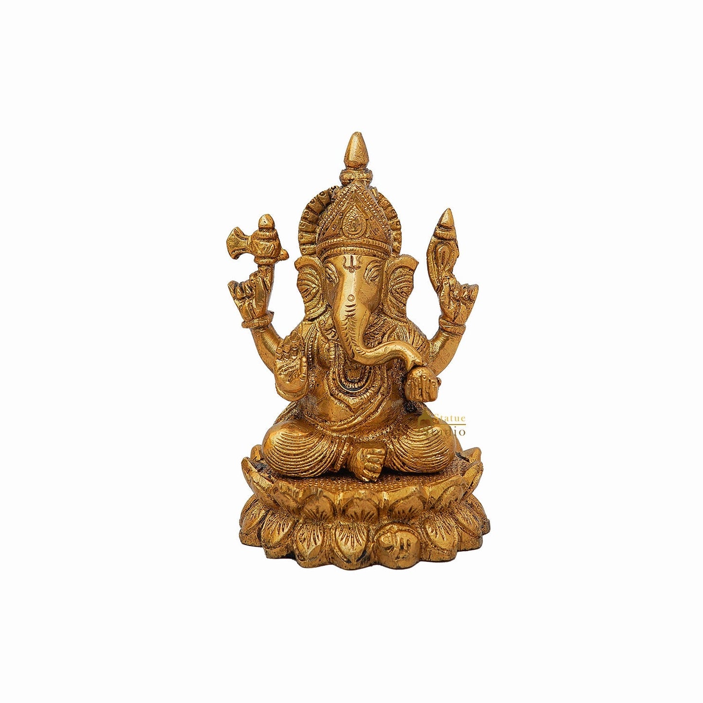 Brass Ganesha Statue Sitting On Lotus 5.5 Inch