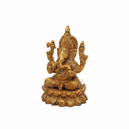 Brass Ganesha Statue Sitting On Lotus 5.5 Inch by vendor-unknown - Hindu Gods (View 4)