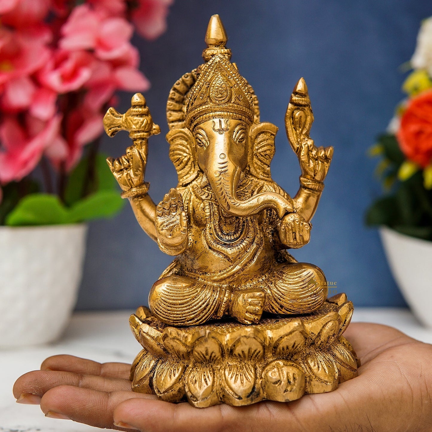 Brass Ganesha Statue Sitting On Lotus 5.5 Inch