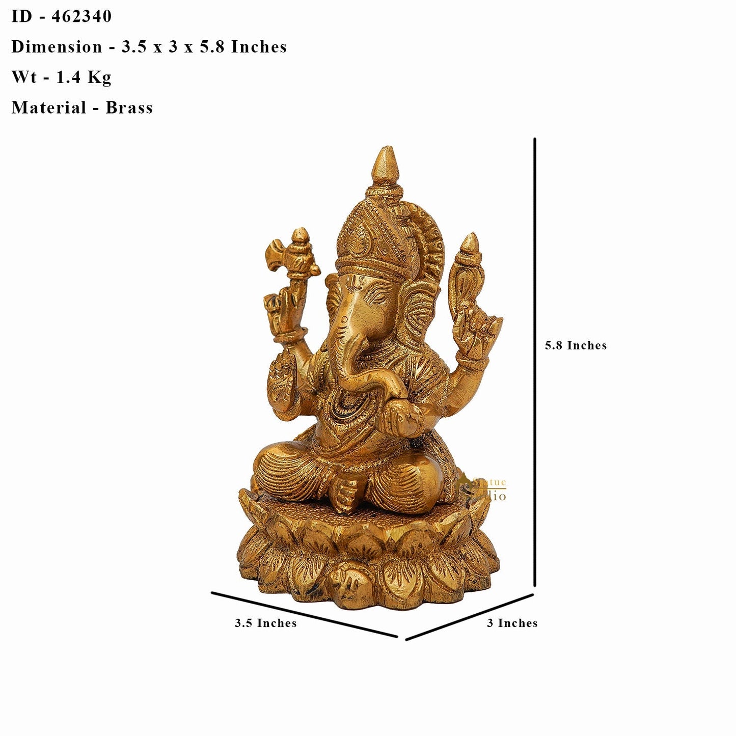 Brass Ganesha Statue Sitting On Lotus 5.5 Inch