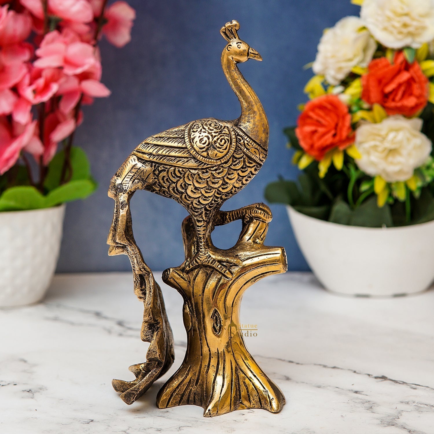 Brass Antique Peacock On Tree Showpiece Decorative For table Decor 8.5" - Eco-friendly - Sama Homes