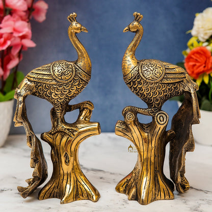 Brass Antique Peacock Pair On Tree Showpiece Decorative For table Decor 8.5" by vendor-unknown - Decor