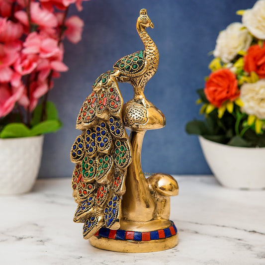 Brass Peacock On Tree Stone Showpiece Decorative For table Decor 8"