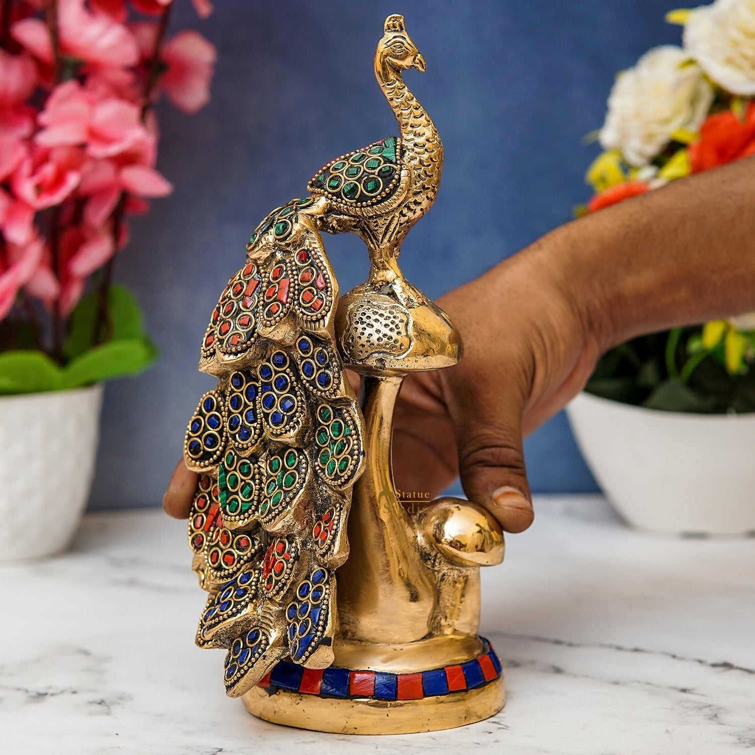 Brass Peacock On Tree Stone Showpiece Decorative For table Decor 8" - Image 2