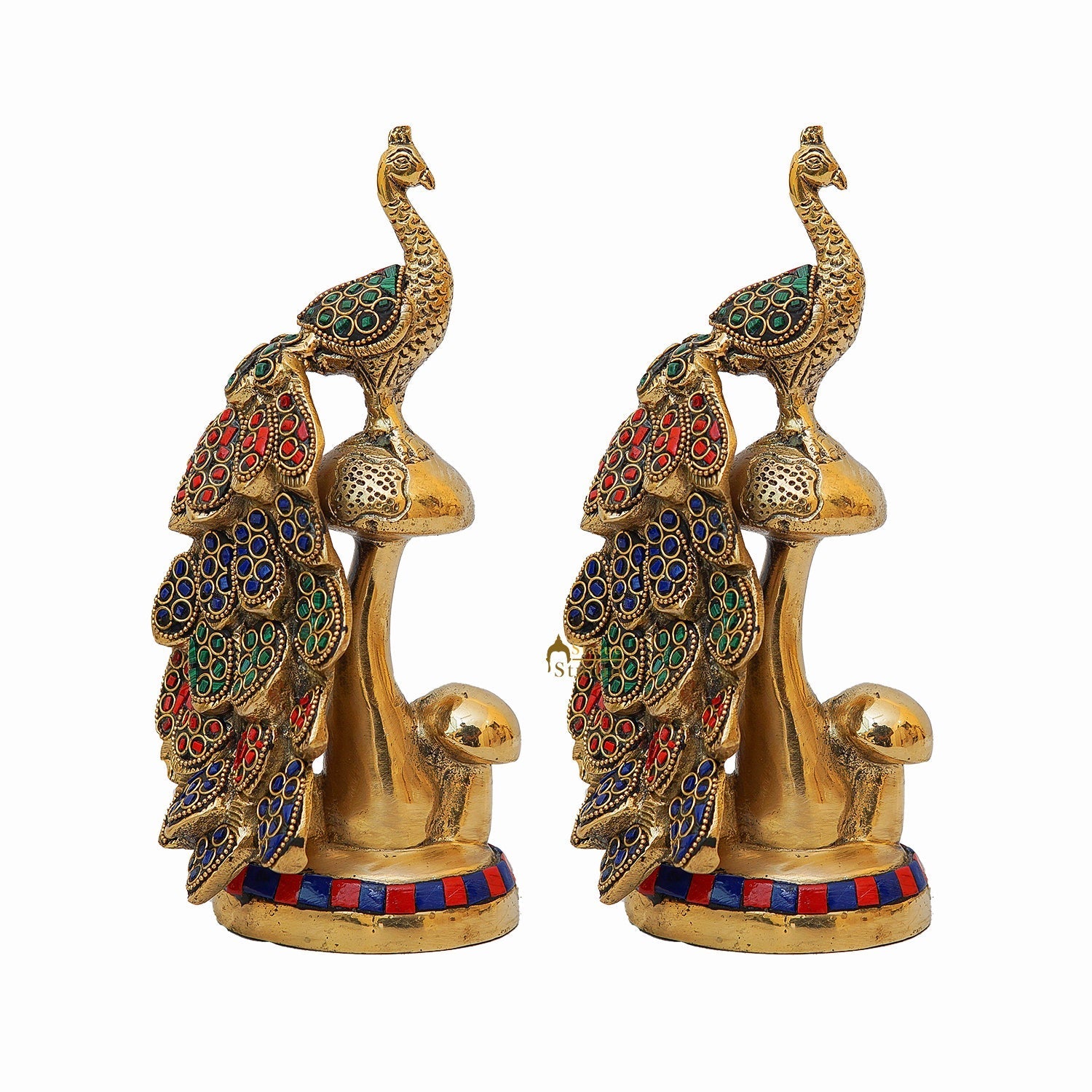 Brass Peacock Pair On Tree Stone Showpiece Decorative For Table Decor 8" - Image 2