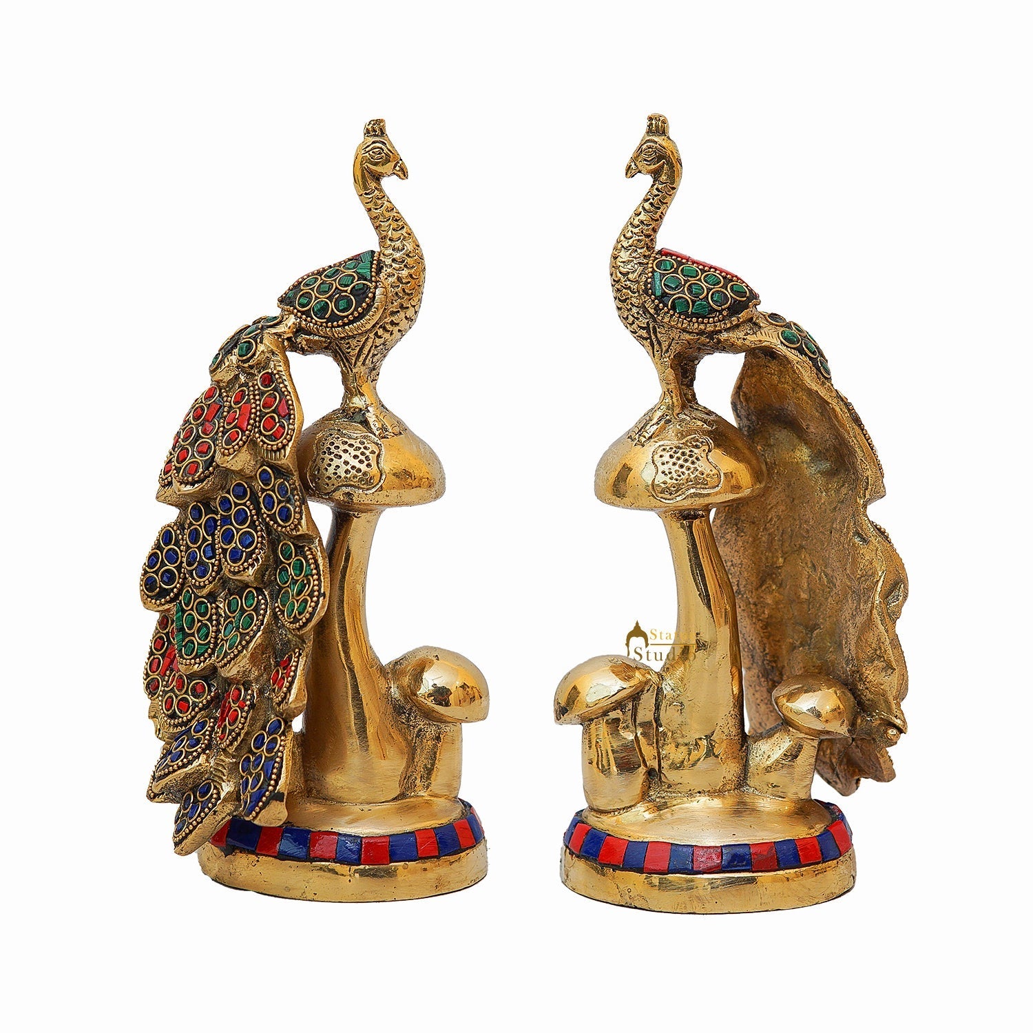Brass Peacock Pair On Tree Stone Showpiece Decorative For Table Decor 8" - Image 4