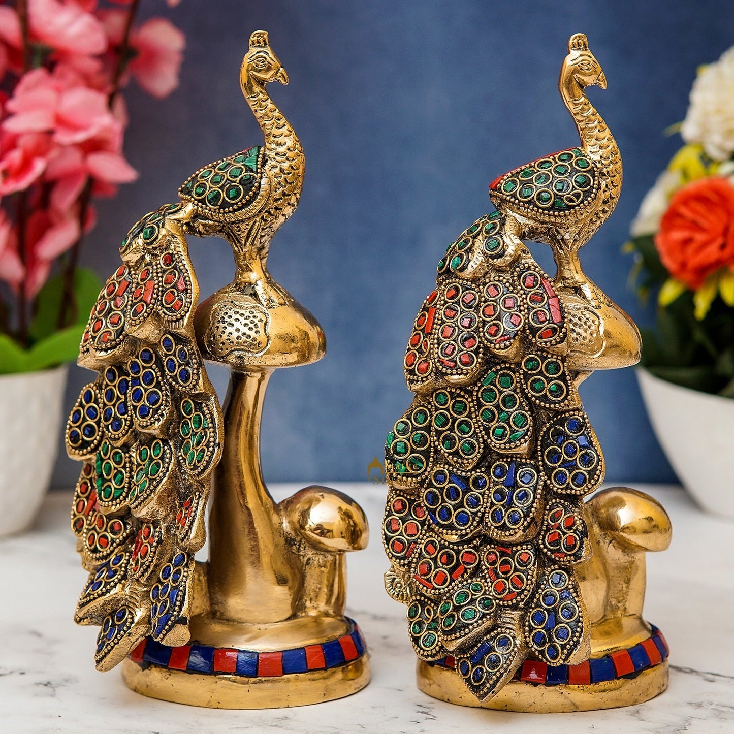 Brass Peacock Pair On Tree Stone Showpiece Decorative For Table Decor 8"