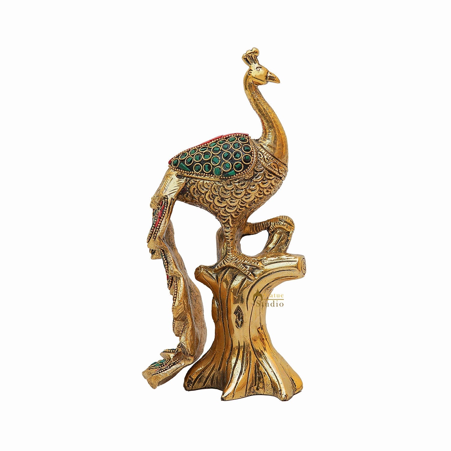 Brass Peacock On Tree With Stone Work Showpiece For Table Decor 8" - Image 4