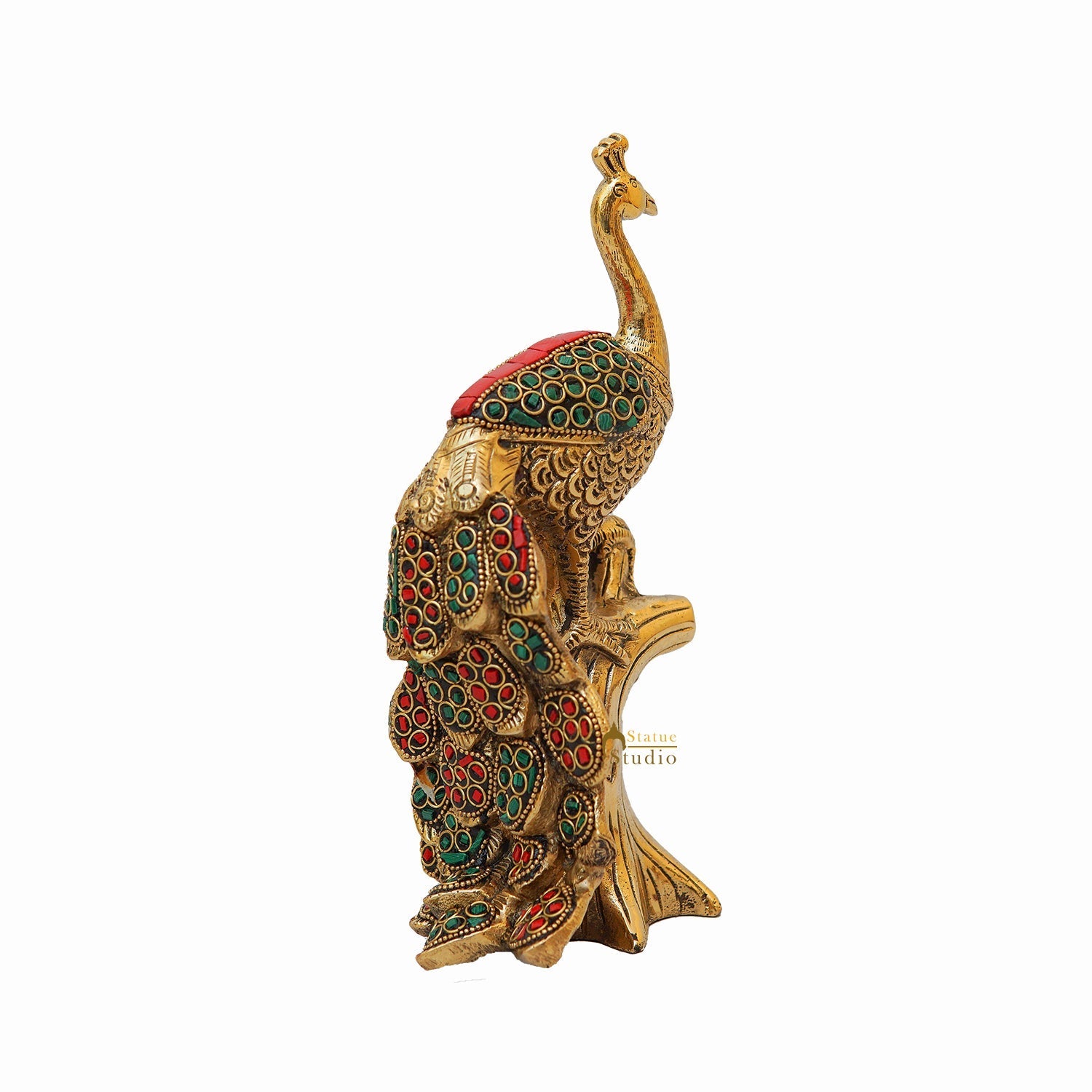 Brass Peacock On Tree With Stone Work Showpiece For Table Decor 8" - Image 3