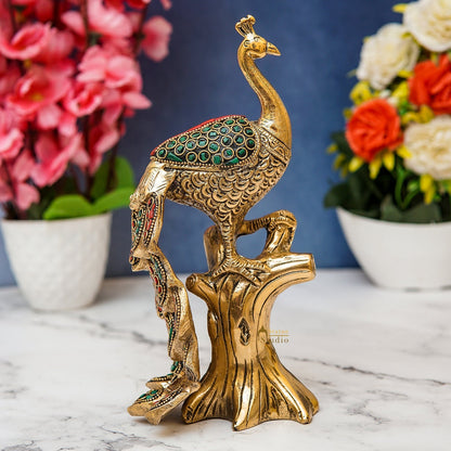 Brass Peacock On Tree With Stone Work Showpiece For Table Decor 8" by vendor-unknown - Decor