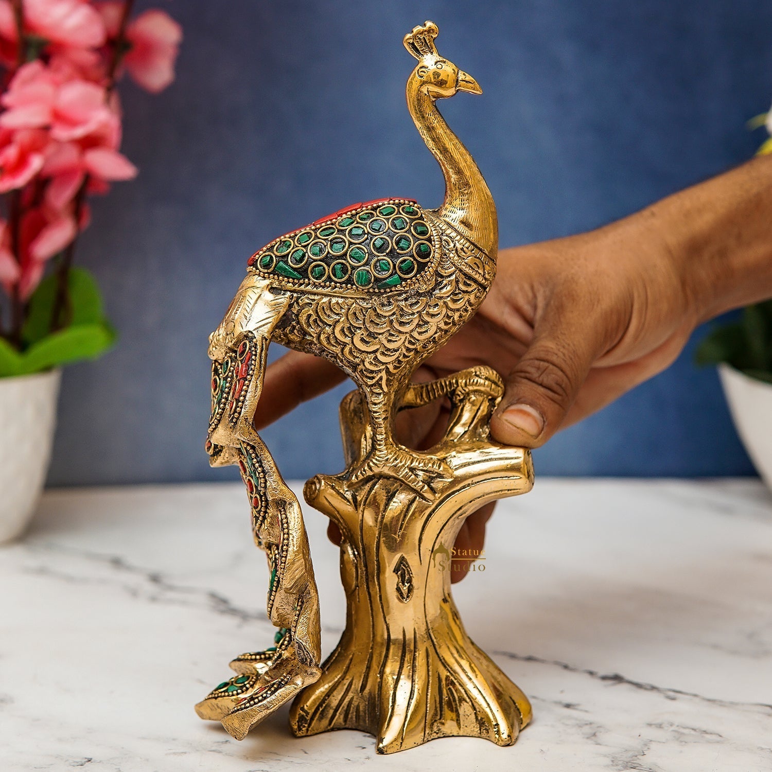 Brass Peacock On Tree With Stone Work Showpiece For Table Decor 8" - Image 2