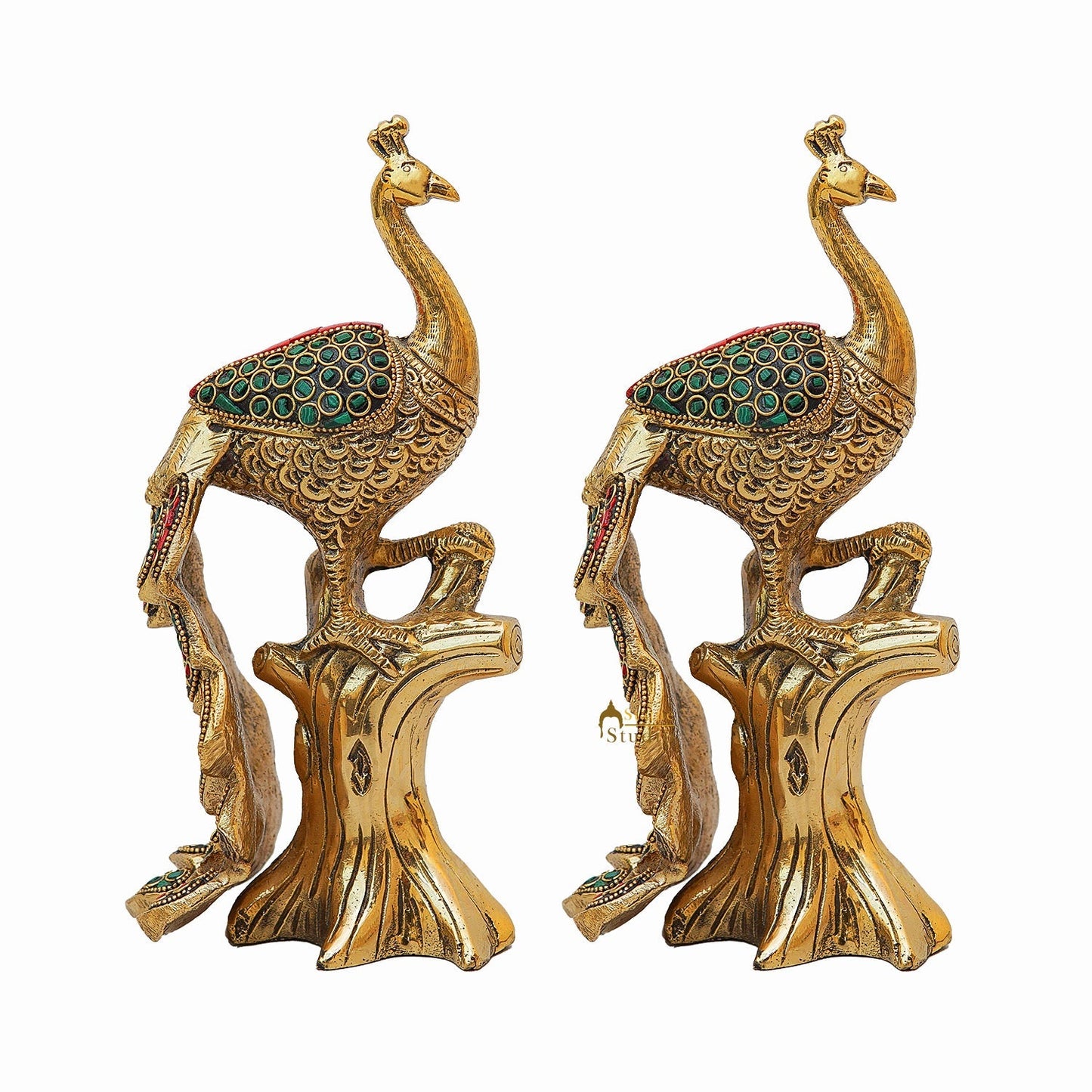 Brass Peacock Pair On Tree With Stone Work Showpiece For Table Decor 8"