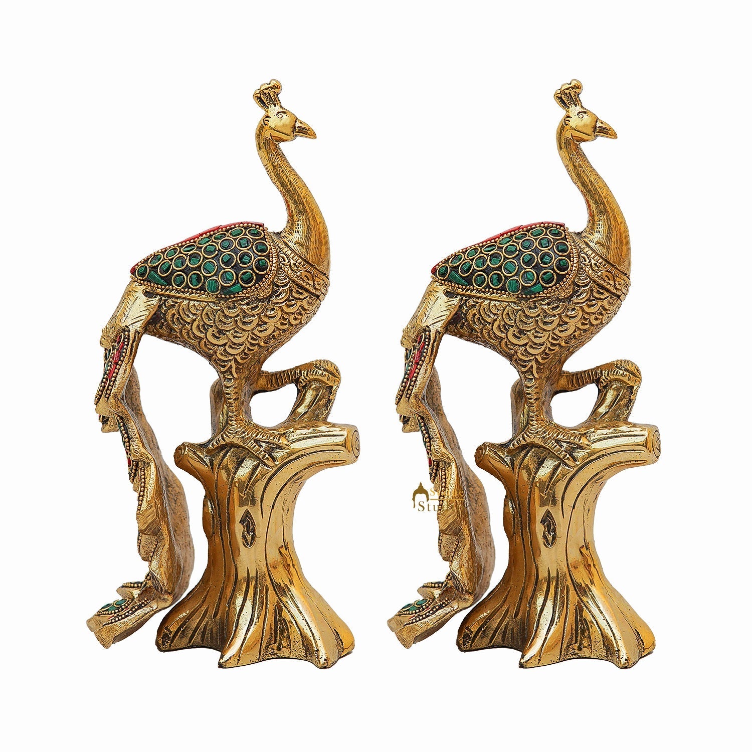 Brass Peacock Pair On Tree With Stone Work Showpiece For Table Decor 8" - Image 4