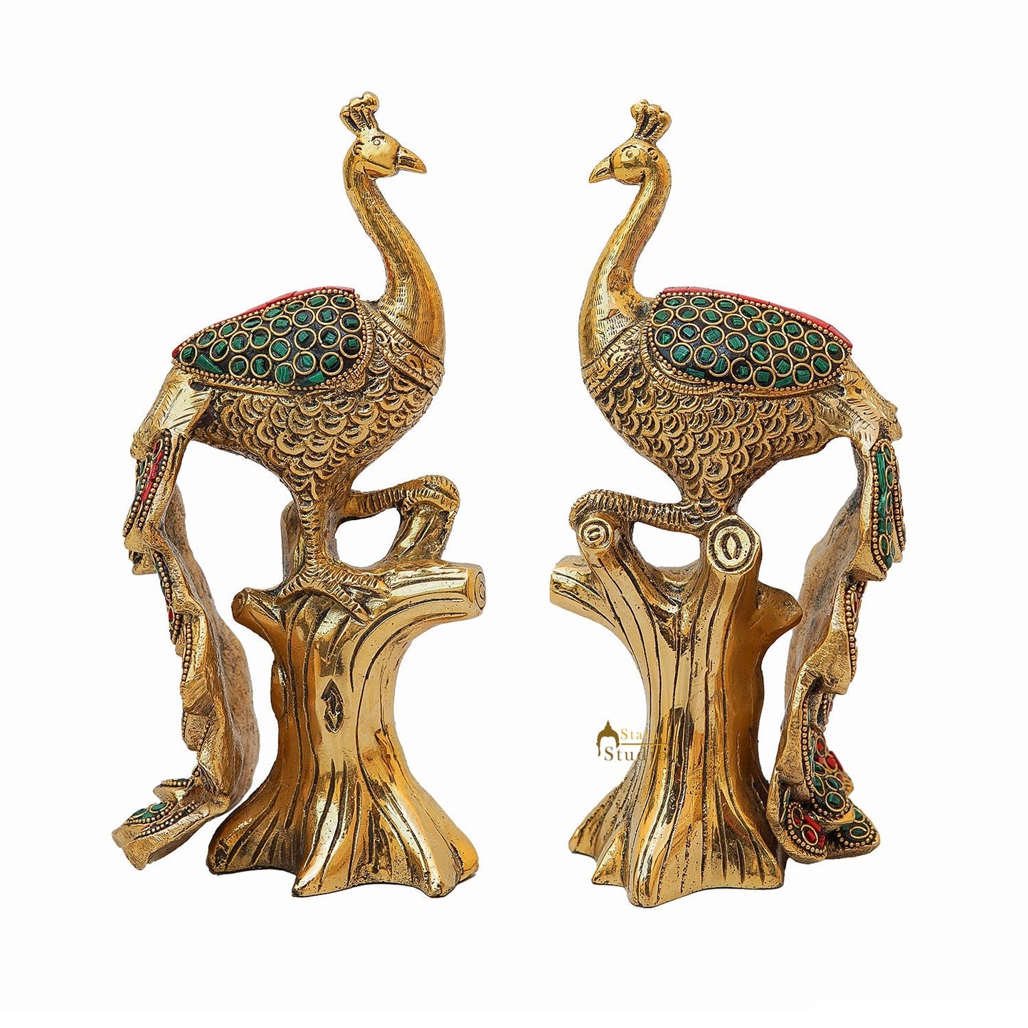 Brass Peacock Pair On Tree With Stone Work Showpiece For Table Decor 8"