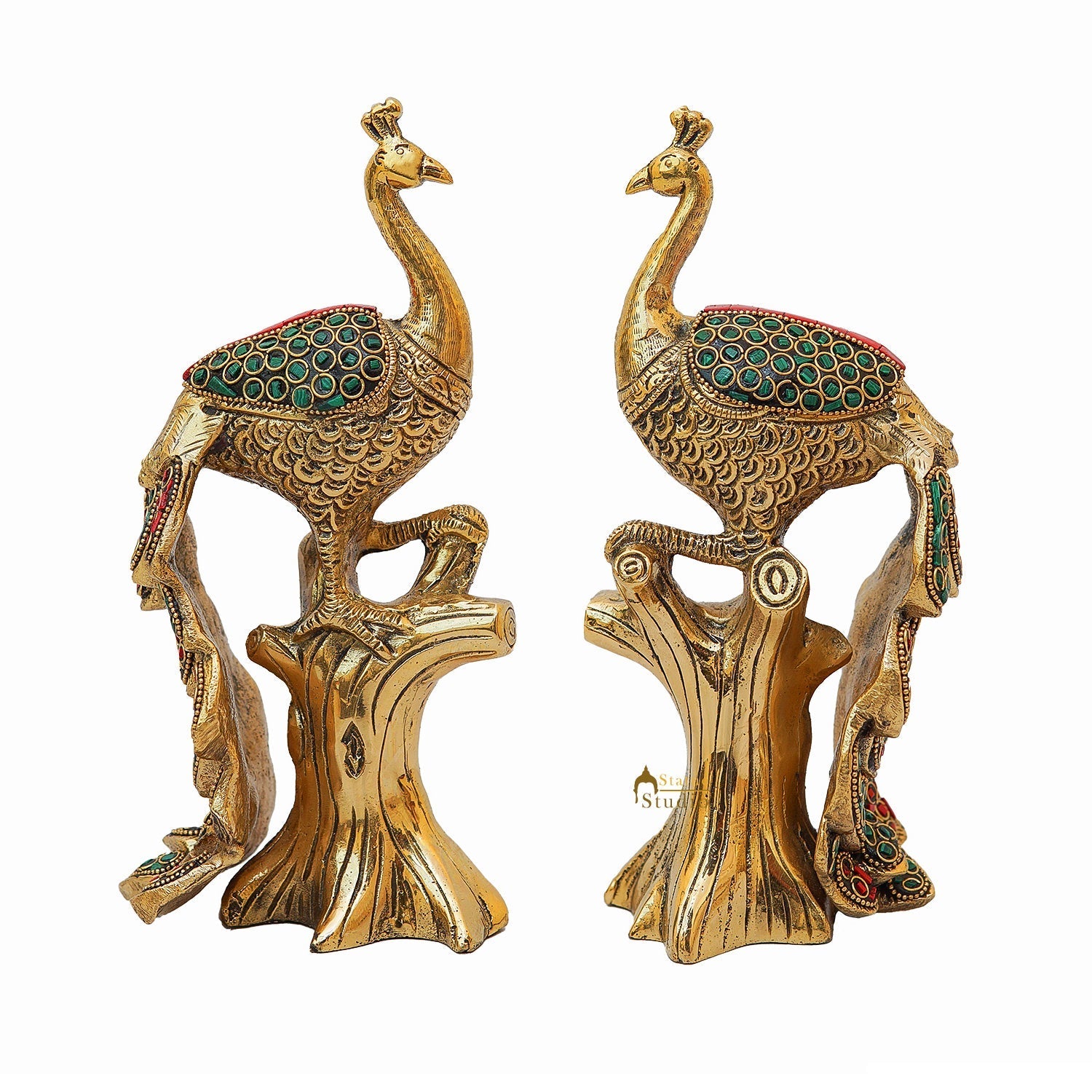 Brass Peacock Pair On Tree With Stone Work Showpiece For Table Decor 8" - Image 5