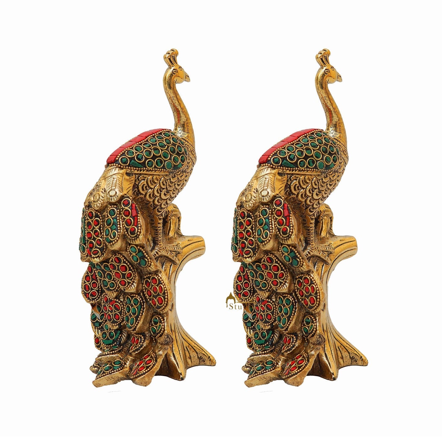 Brass Peacock Pair On Tree With Stone Work Showpiece For Table Decor 8"
