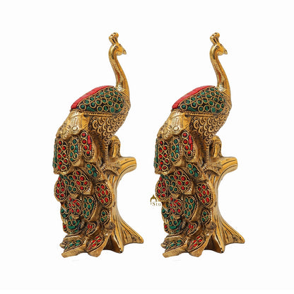 Brass Peacock Pair On Tree With Stone Work Showpiece For Table Decor 8" by vendor-unknown - Decor (View 3)