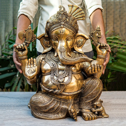 Brass Large Lord Ganesha Statue Finely Crafted For Home Decor 20" by vendor-unknown - Hindu Gods (View 2)