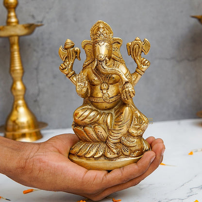 Brass Ganesha Idol Sitting On Lotus Base 5.5 Inch by vendor-unknown - Hindu Gods (View 2)