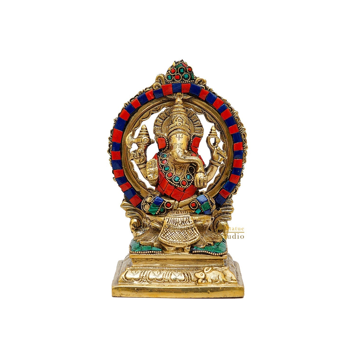 Brass Sitting Ganesha Statue With Frame Stone Work 7 Inch - Image 3