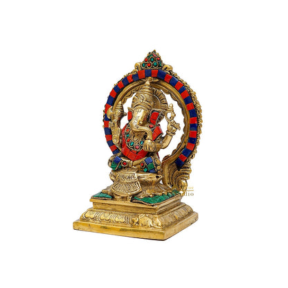 Brass Sitting Ganesha Statue With Frame Stone Work 7 Inch by vendor-unknown - Hindu Gods (View 4)