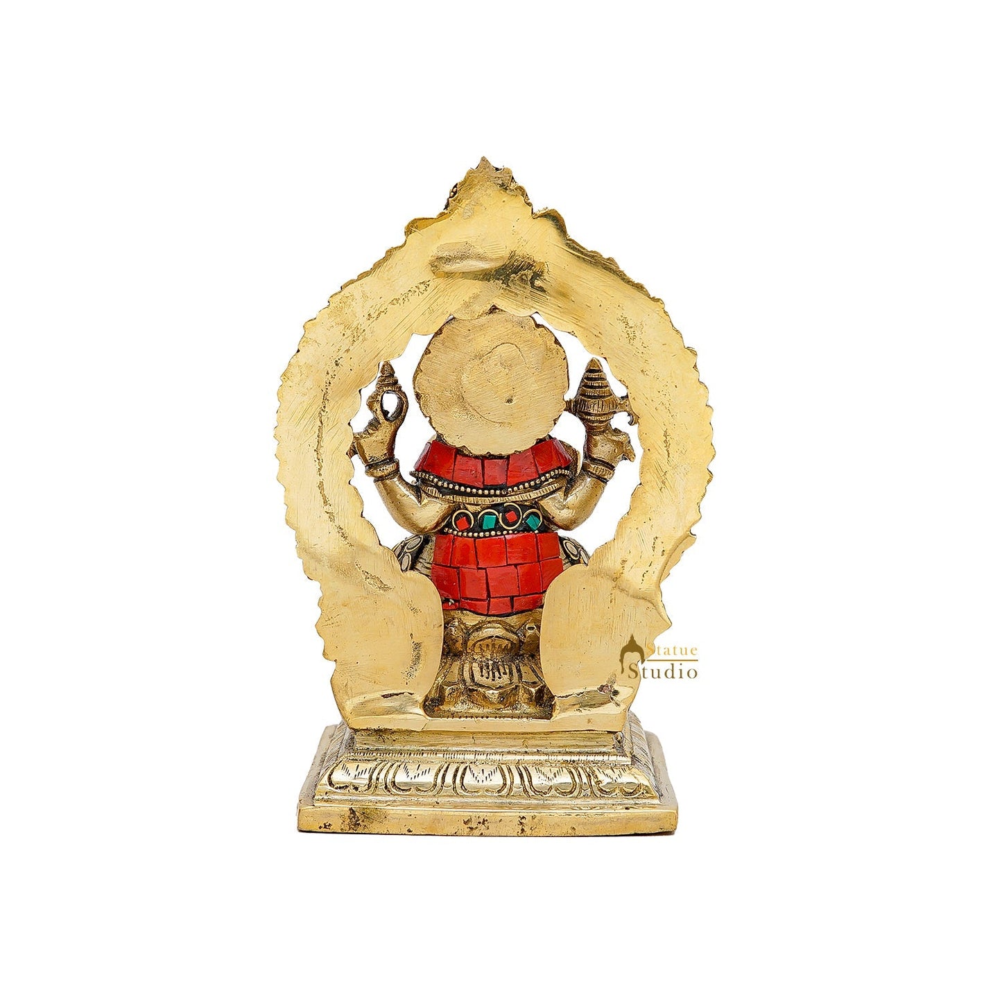 Brass Sitting Ganesha Statue With Frame Stone Work 7 Inch