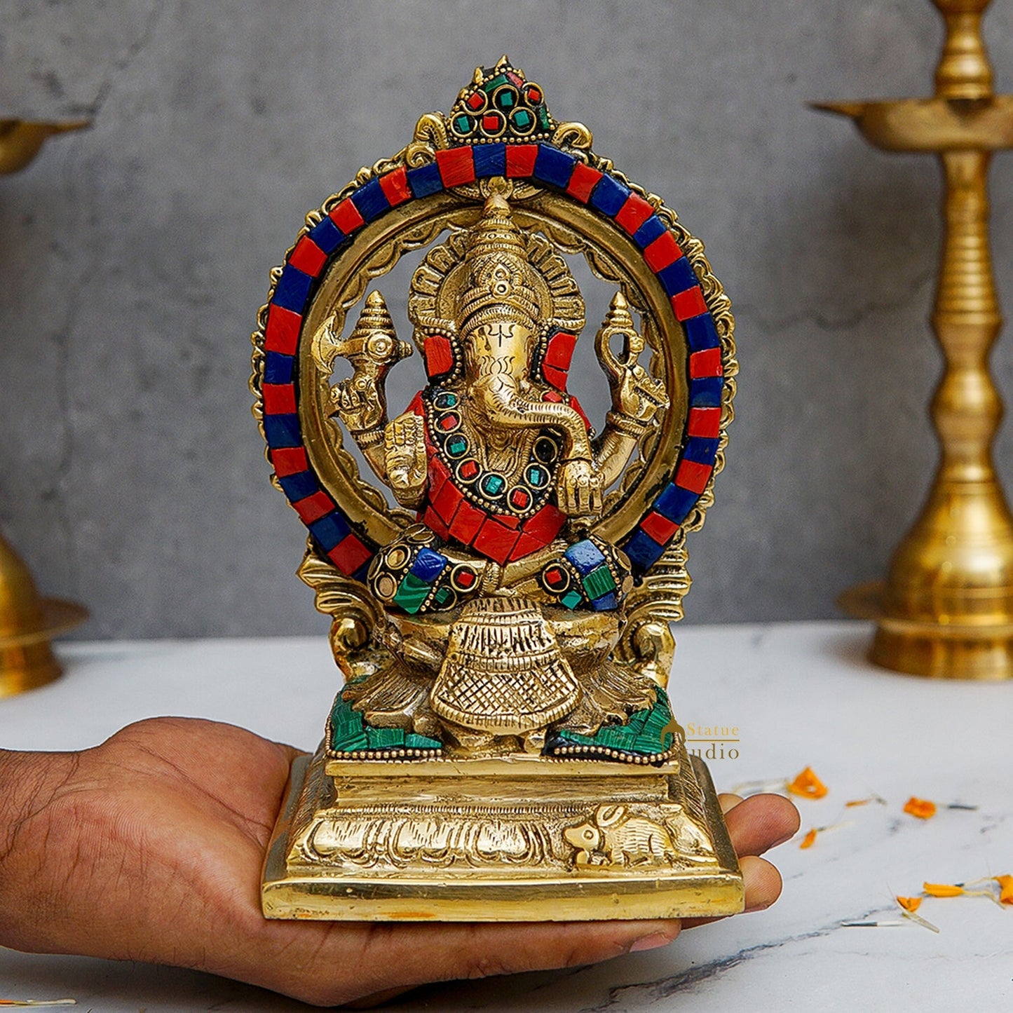 Brass Sitting Ganesha Statue With Frame Stone Work 7 Inch