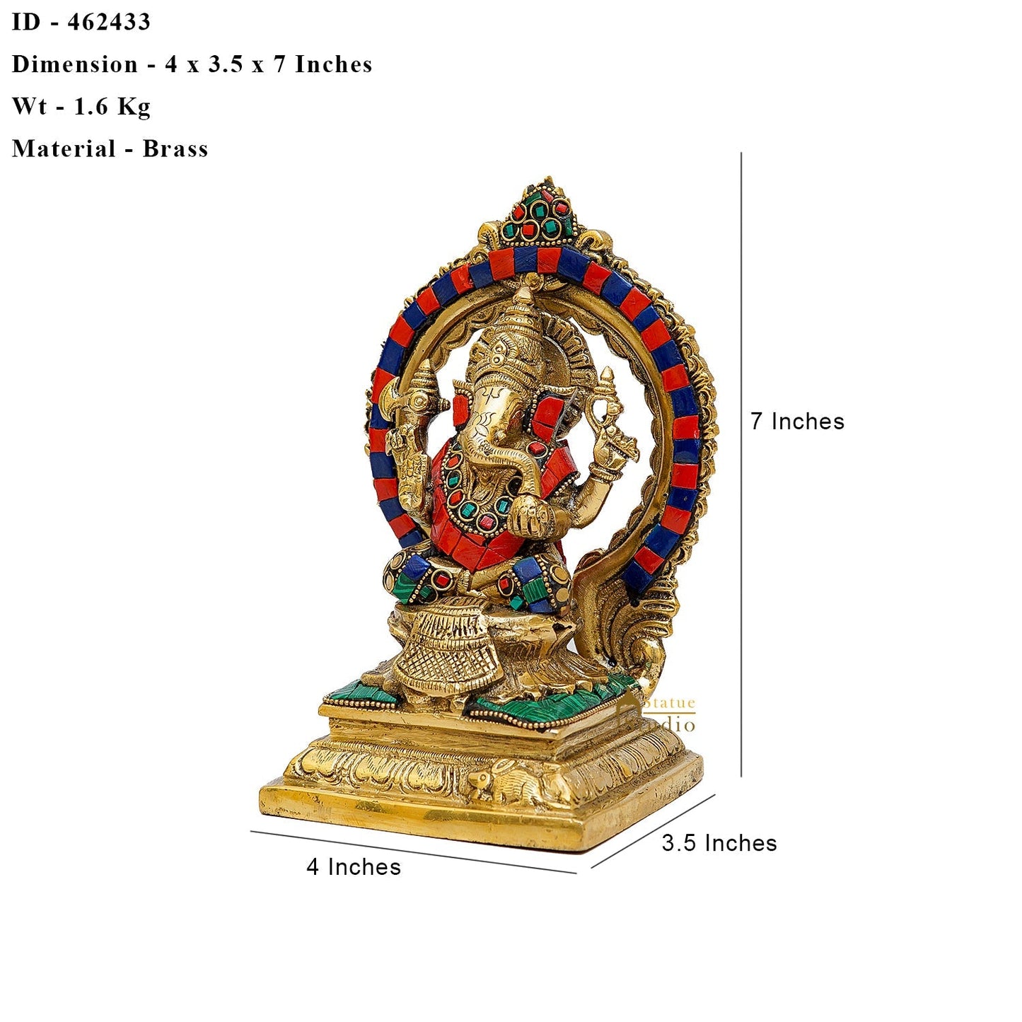 Brass Sitting Ganesha Statue With Frame Stone Work 7 Inch
