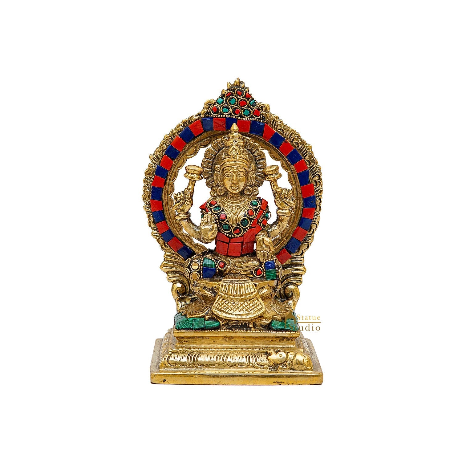 Brass Goddess Lakshmi Statue Stone Work 7 Inch - Image 3