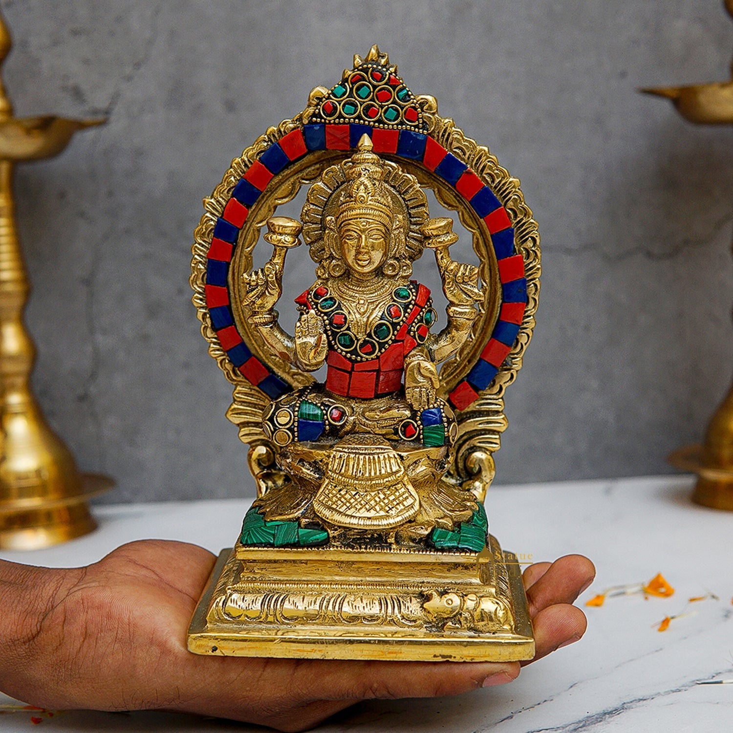 Brass Goddess Lakshmi Statue Stone Work 7 Inch - Image 2