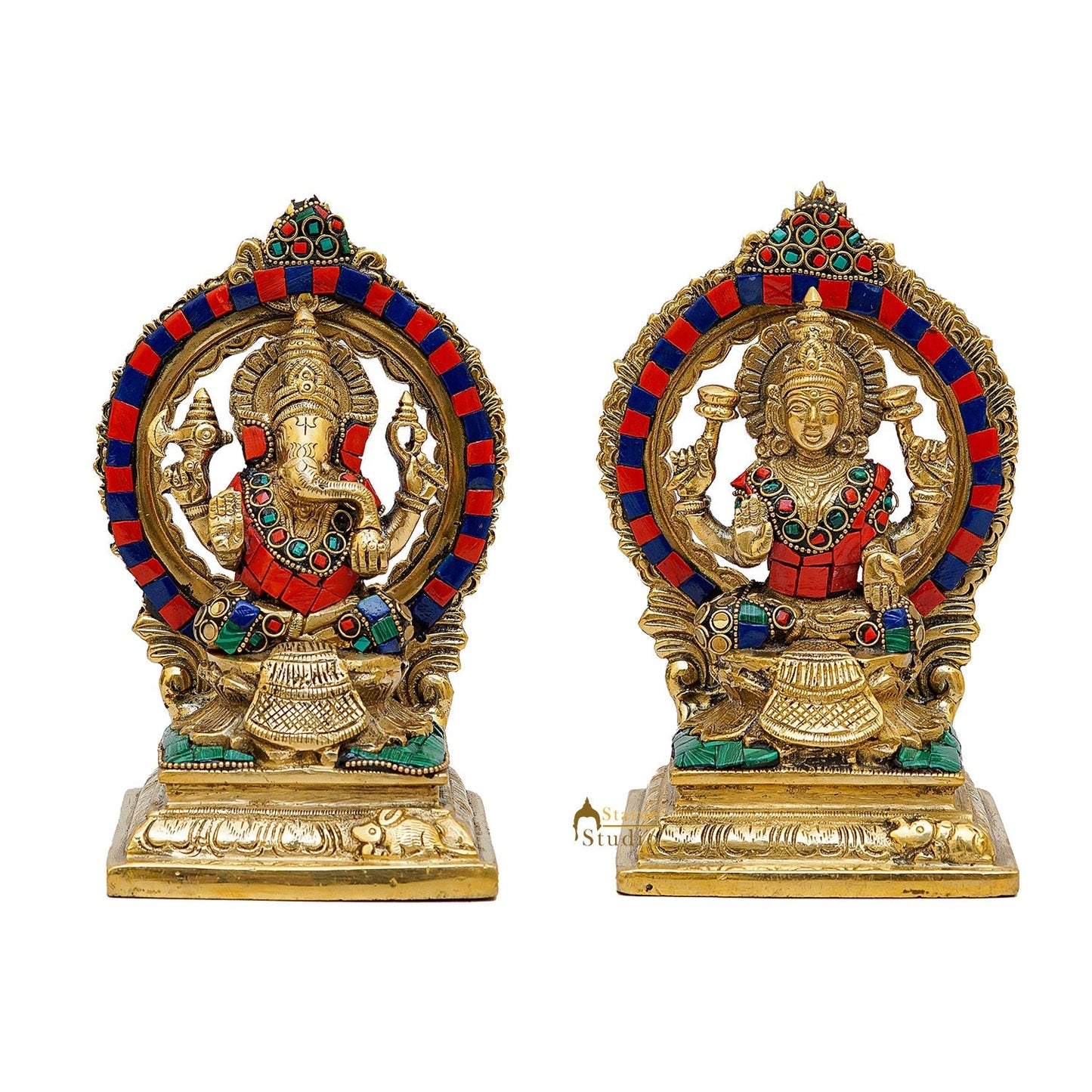 Brass Antique Ganesha Lakshmi Idol Set (Stone Work) 7"