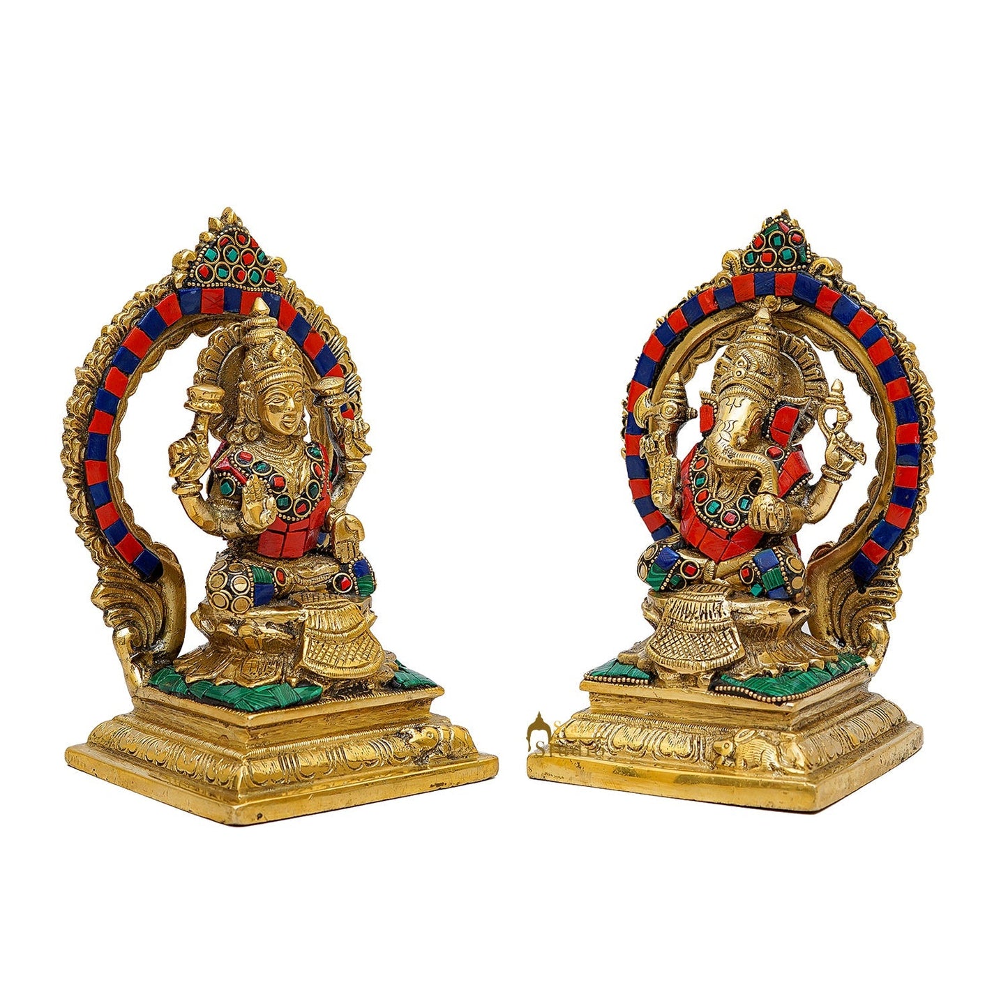 Brass Antique Ganesha Lakshmi Idol Set (Stone Work) 7"