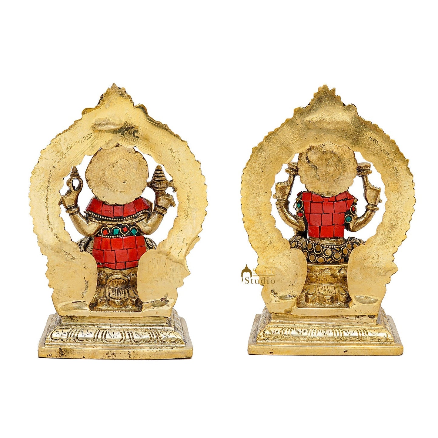 Brass Antique Ganesha Lakshmi Idol Set (Stone Work) 7"