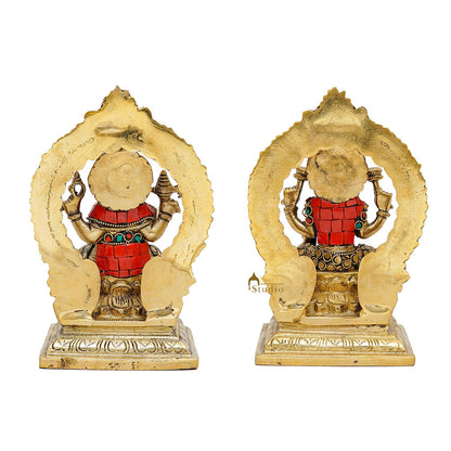 Brass Antique Ganesha Lakshmi Idol Set (Stone Work) 7" by vendor-unknown - Hindu Gods (View 4)