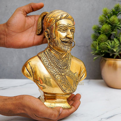 Brass Chatrapati Shivaji Maharaj Bust 8.5 Inches by vendor-unknown - Decor (View 2)