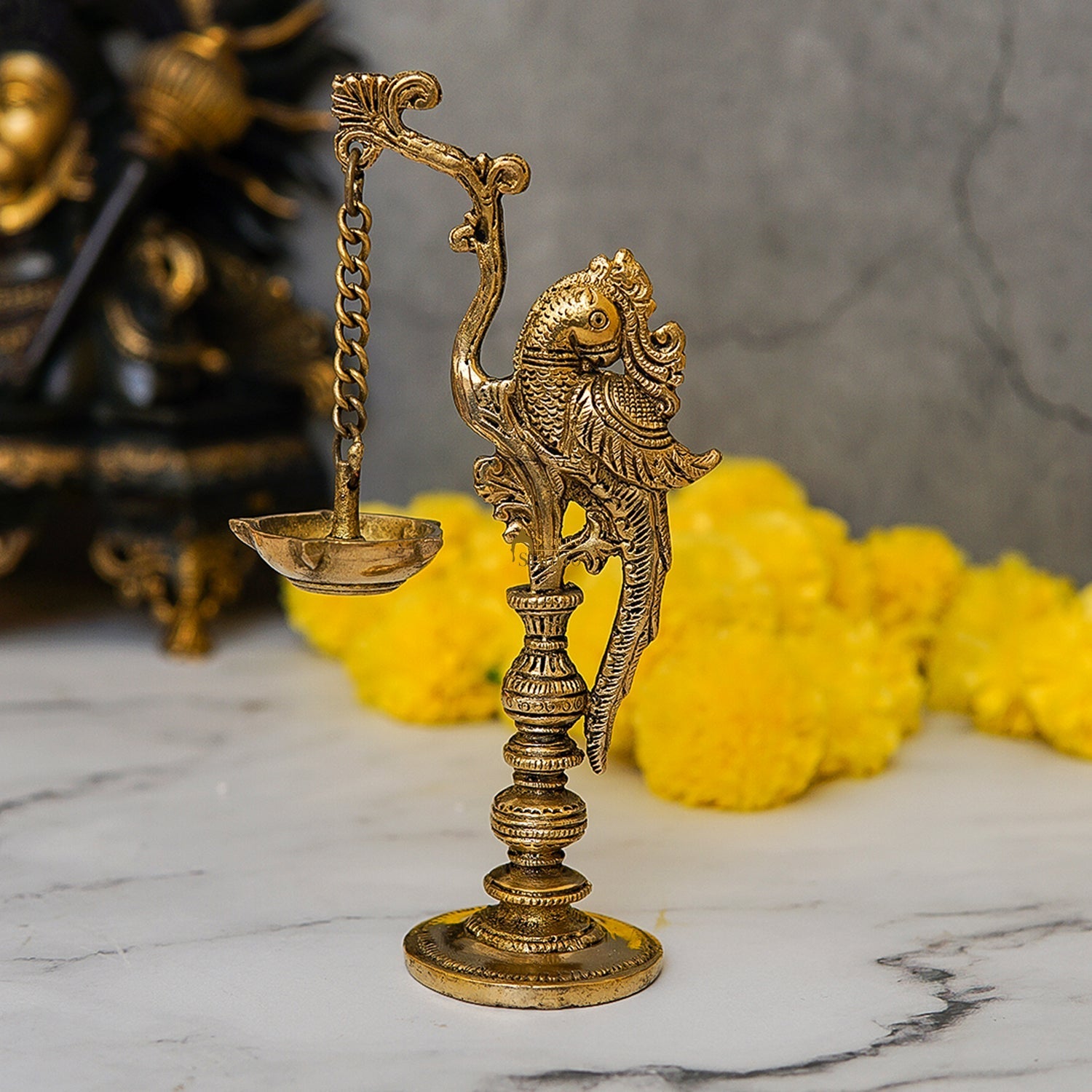 Brass Antique Bird Diya For Pooja Room Decor 8" - Eco-friendly - Sama Homes