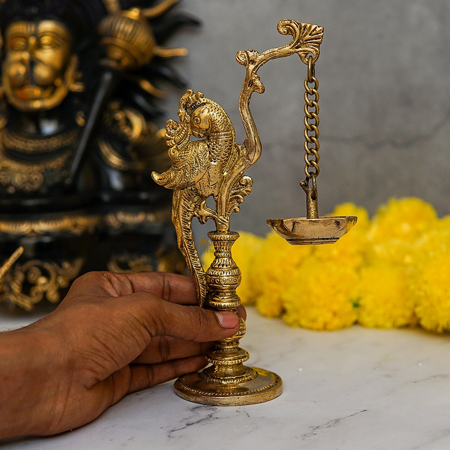 Brass Antique Bird Diya For Pooja Room Decor 8" - Image 2