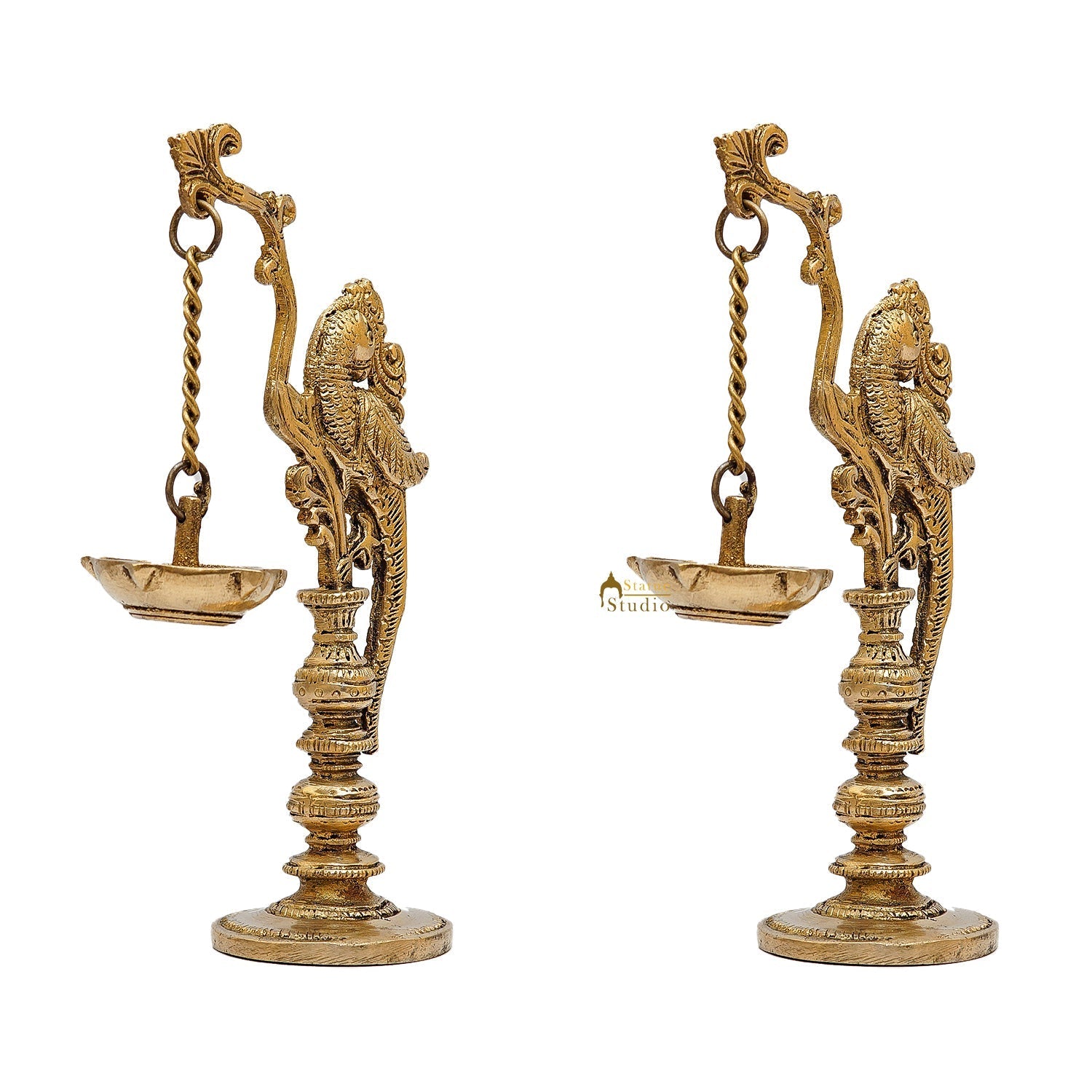 Brass Antique Bird Diya Pair For Pooja Room Decor 8" - Image 4