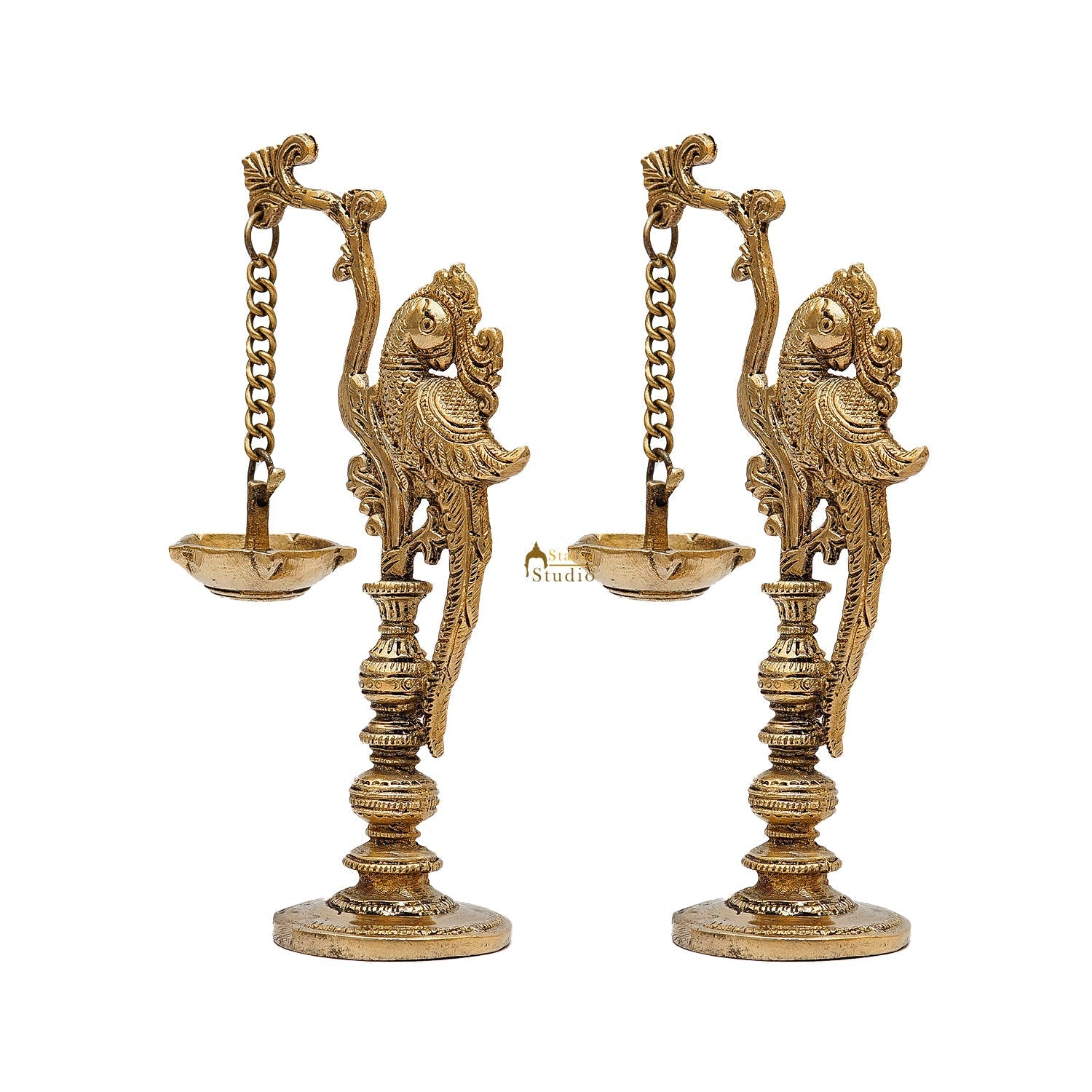 Brass Antique Bird Diya Pair For Pooja Room Decor 8" - Image 5
