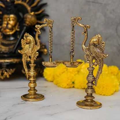 Handcrafted Hanging Brass Oil Lamp Group – 1.2kg Solid Brass Ritual Diya Set by vendor-unknown - Spiritual