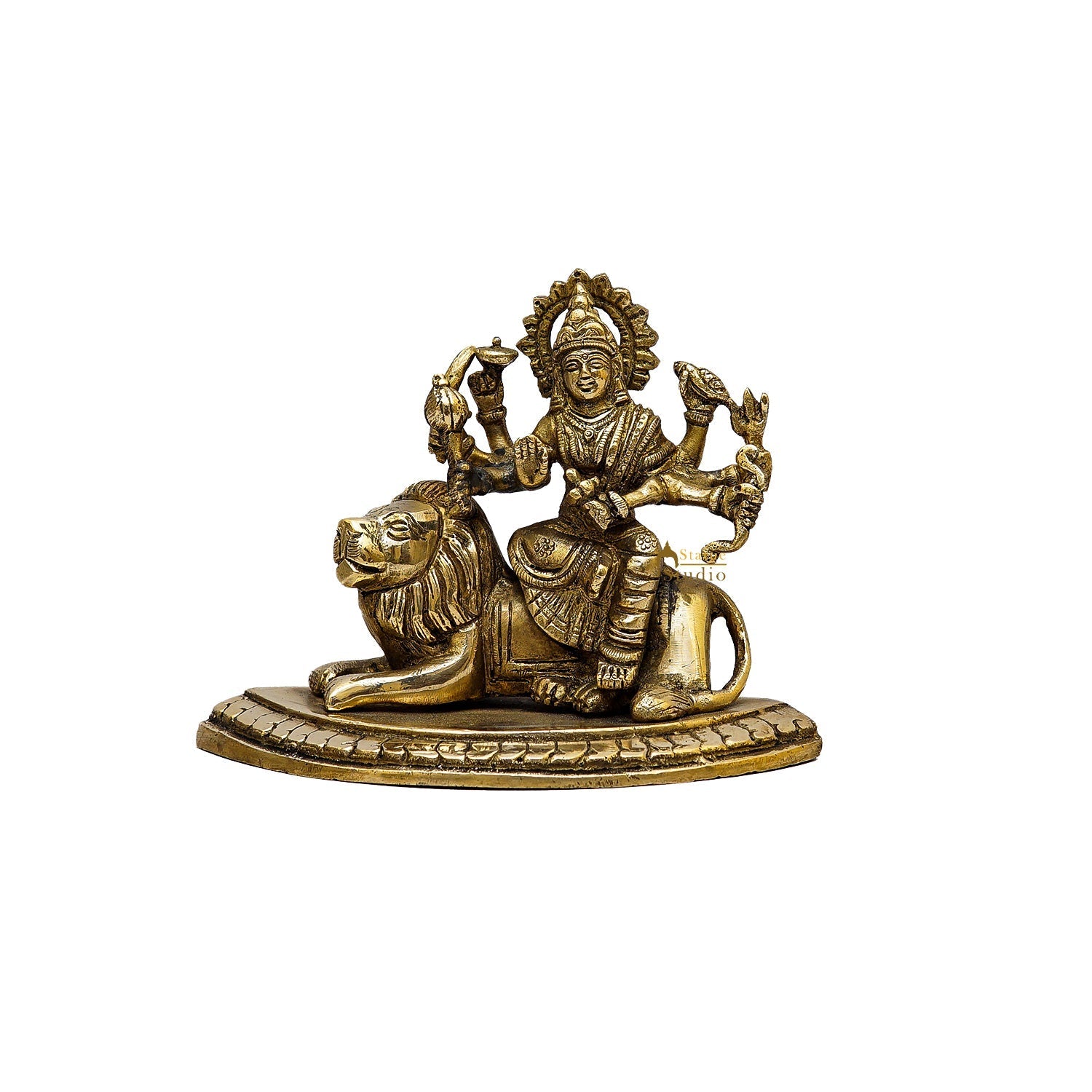 Brass Goddess Durga Statue With Sitting Lion 4.5 Inch - Image 3