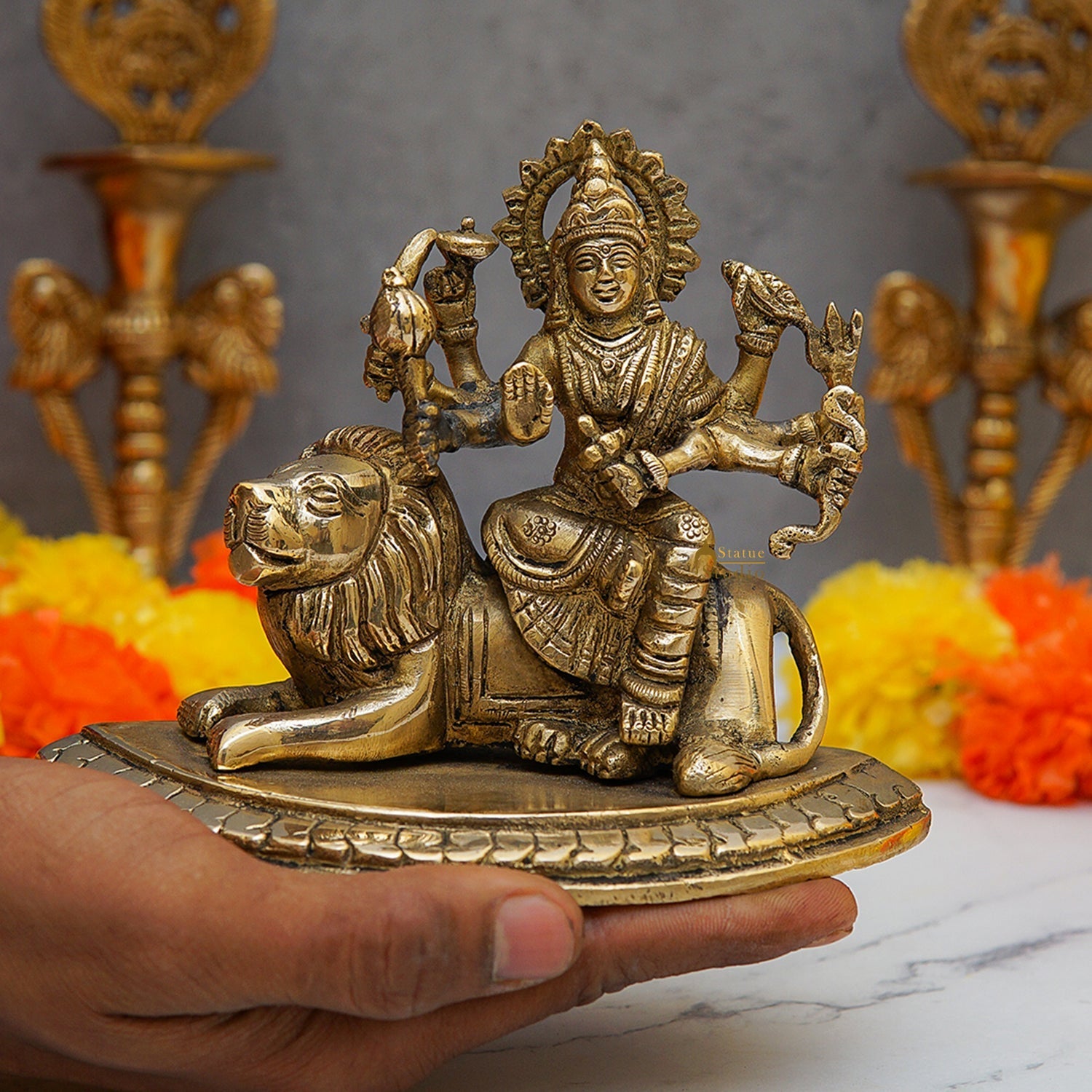 Brass Goddess Durga Statue With Sitting Lion 4.5 Inch - Image 2