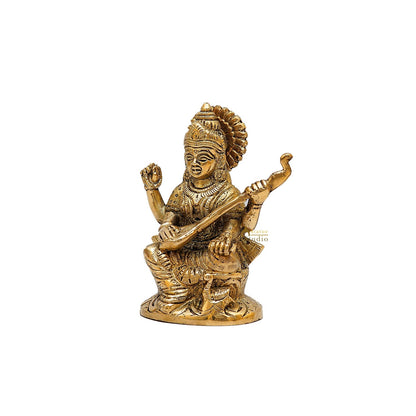 Brass Saraswati Idol For Temple Decor 5 Inch by vendor-unknown - Hindu Gods (View 4)