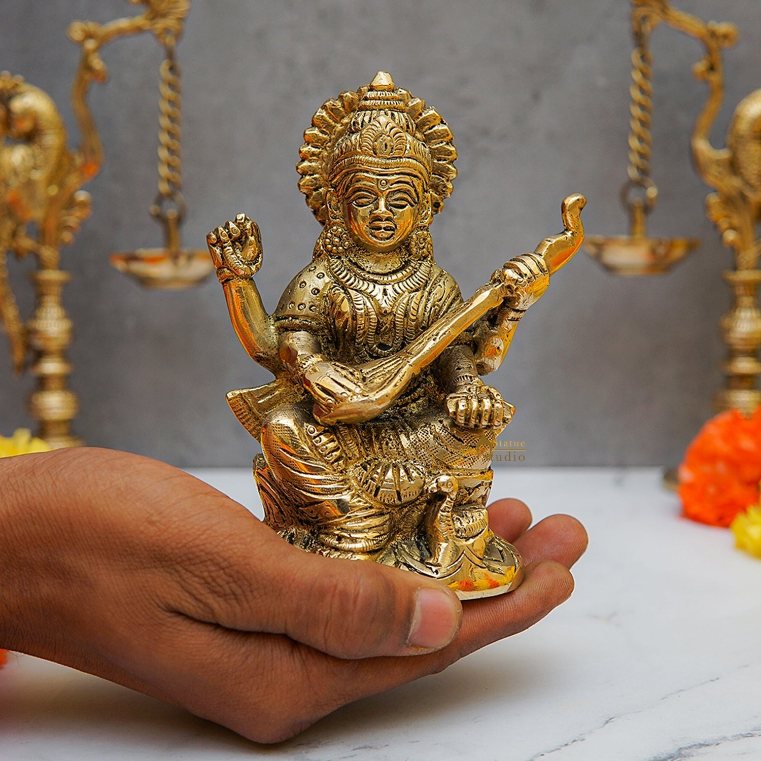 Brass Saraswati Idol For Temple Decor 5 Inch - Image 2