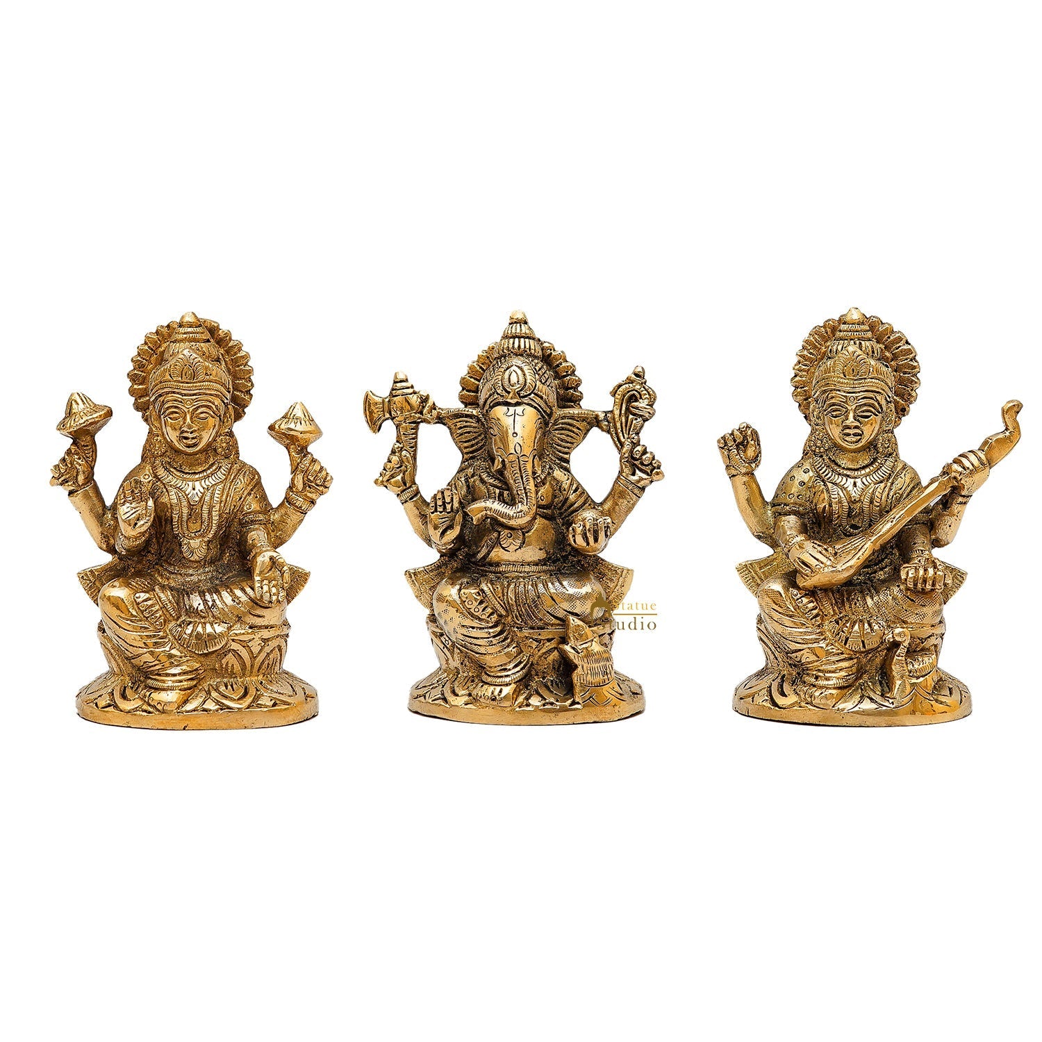 Brass Ganesha Lakshmi Saraswati Idols For Diwali Home Puja Décor Gift 5" - Image 2