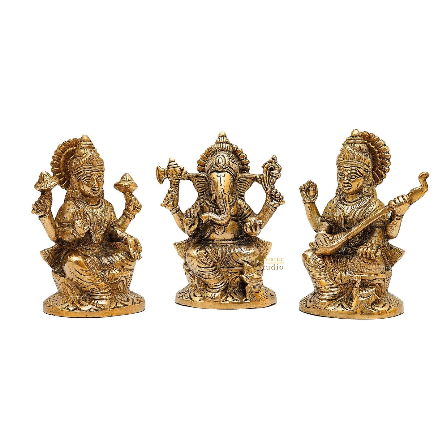 Brass Ganesha Lakshmi Saraswati Idols For Diwali Home Puja Décor Gift 5"