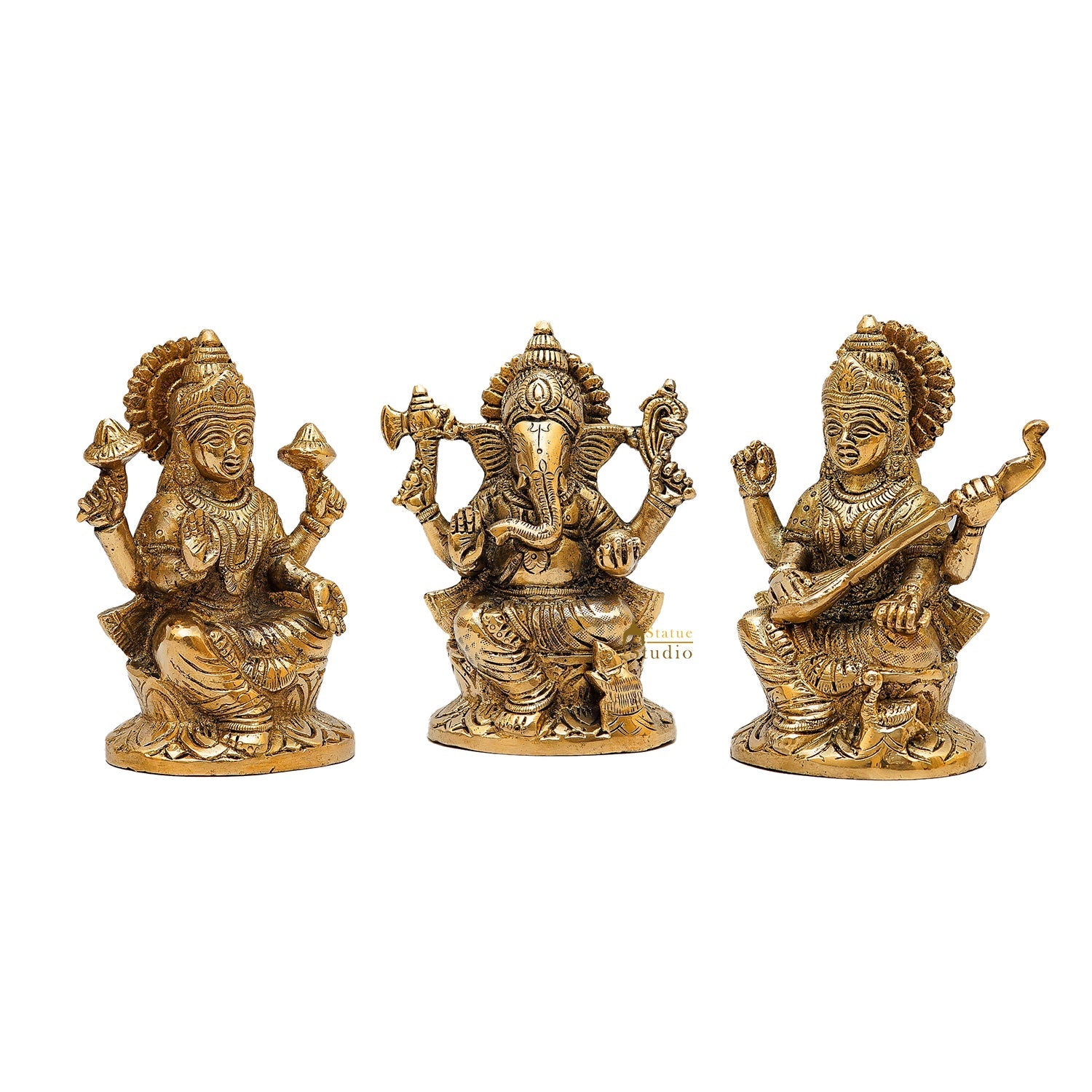 Brass Ganesha Lakshmi Saraswati Idols For Diwali Home Puja Décor Gift 5" - Image 3