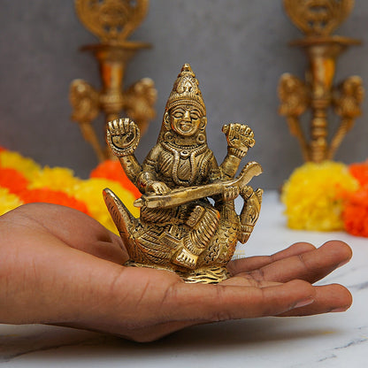 Brass Saraswati Statue For Home Decor 4 Inch by vendor-unknown - Hindu Gods (View 2)