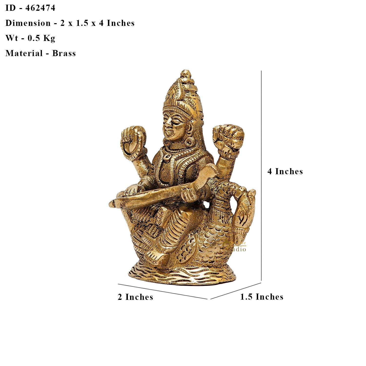Brass Saraswati Statue For Home Decor 4 Inch - Image 6
